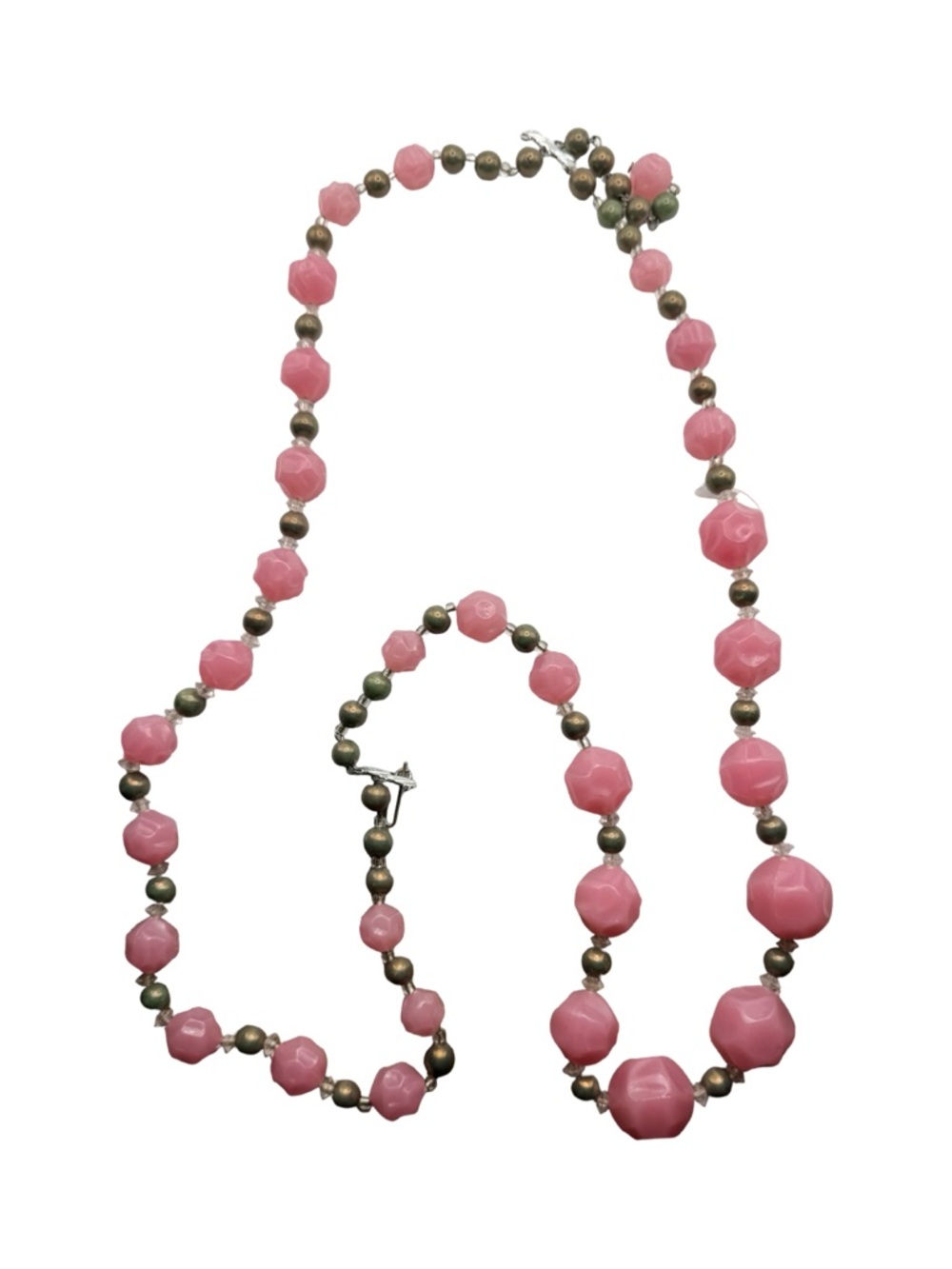 Vintage Graduated Pink Faceted Lucite Bead Necklace‎ Silver Tone Crystal Spacers